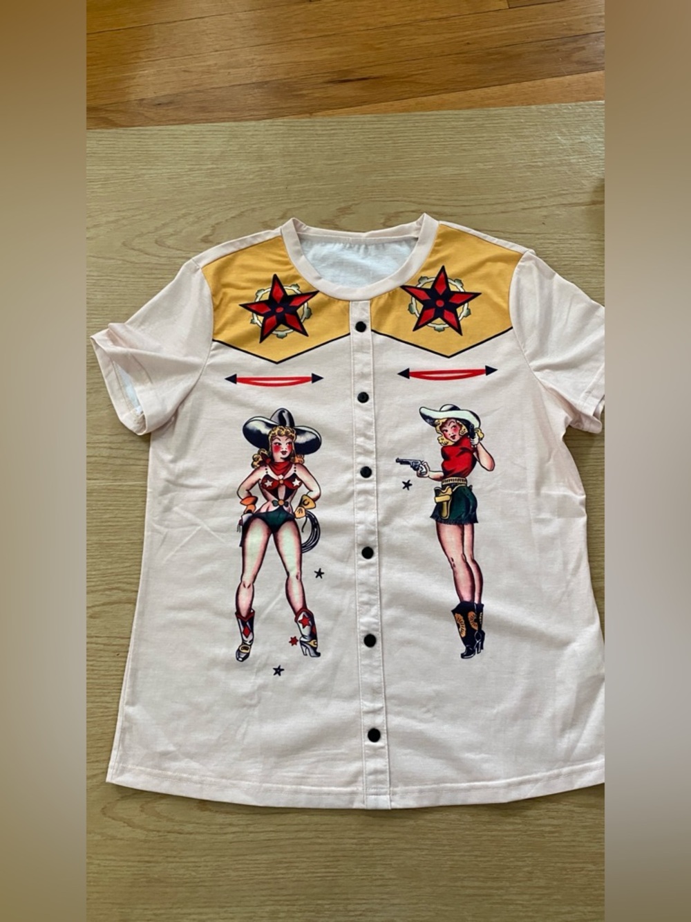 But it IS CUTE!Graphic Western Faux Button-Down Shirt featuring cute cowgirls!!